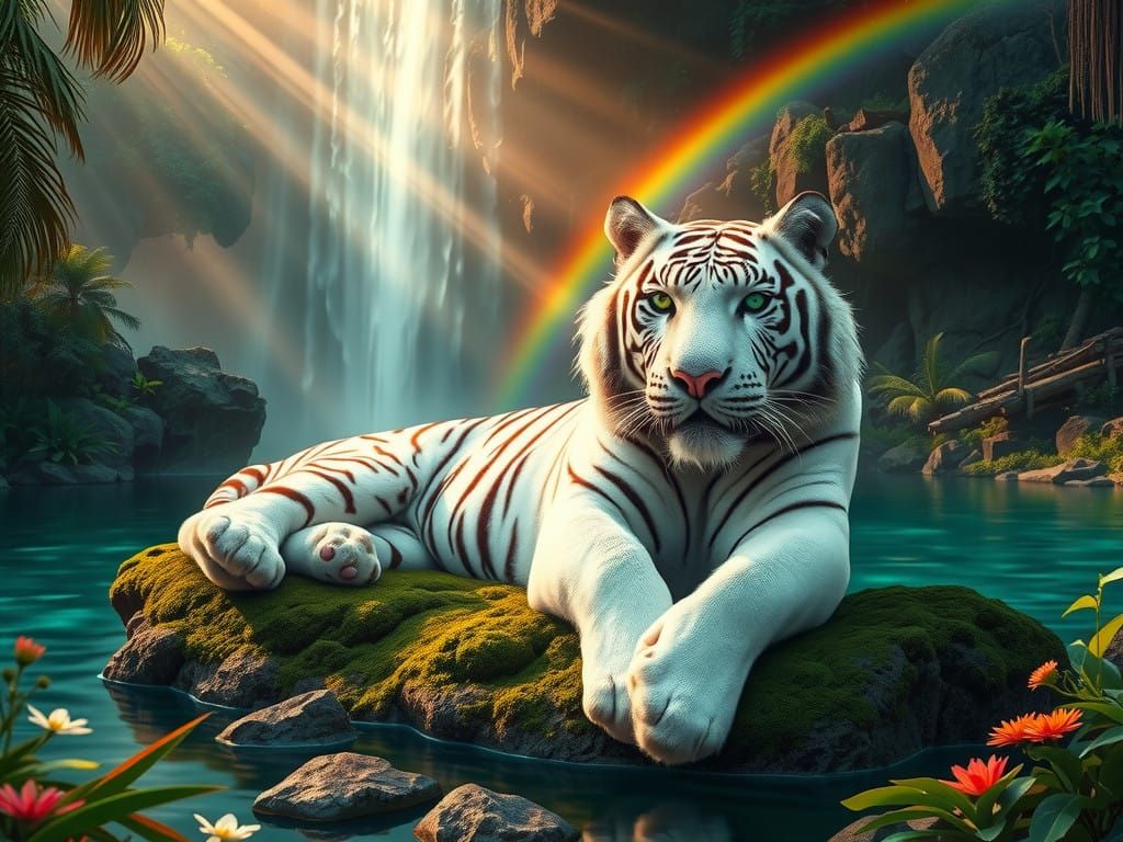 Regal White Tiger in Serene Jungle Landscape