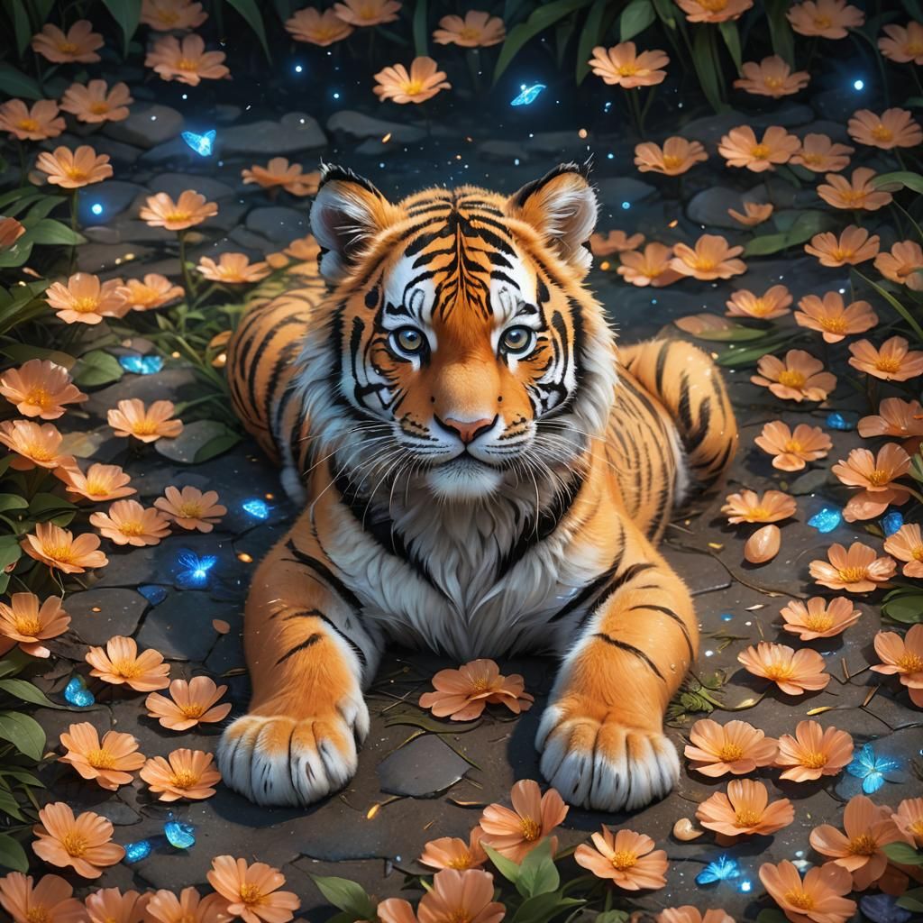 Adorable Orange Tiger in Magical Garden