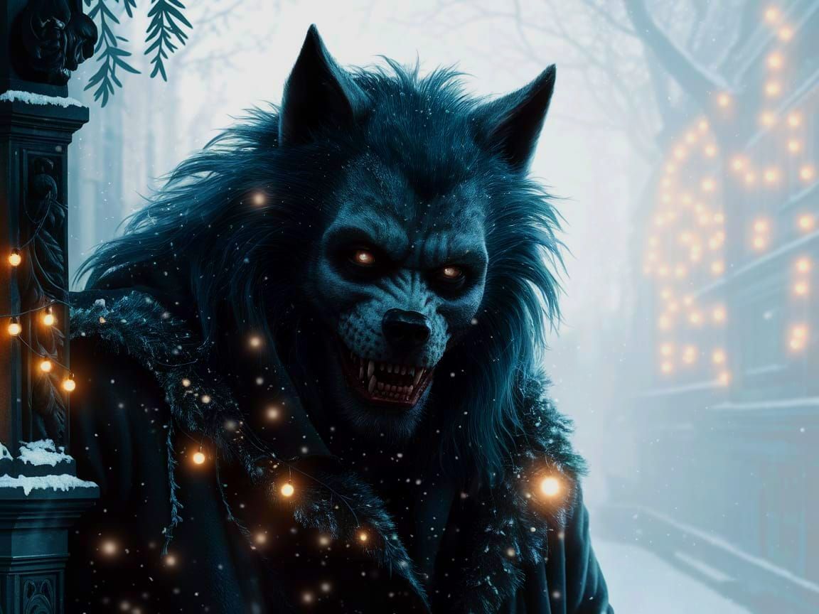 Wolfman in Snowy Alleyway on Christmas Night
