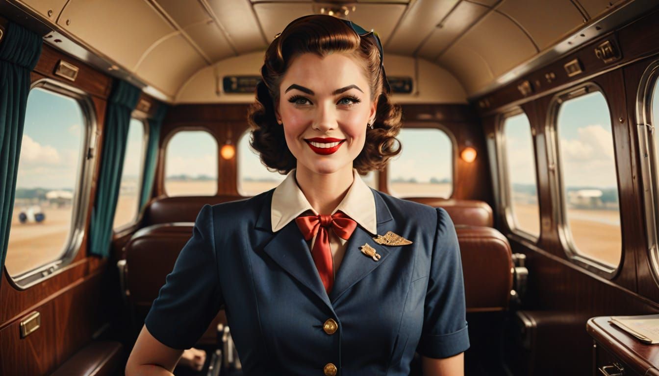 Retro Flight Attendant in Glamorous Uniform