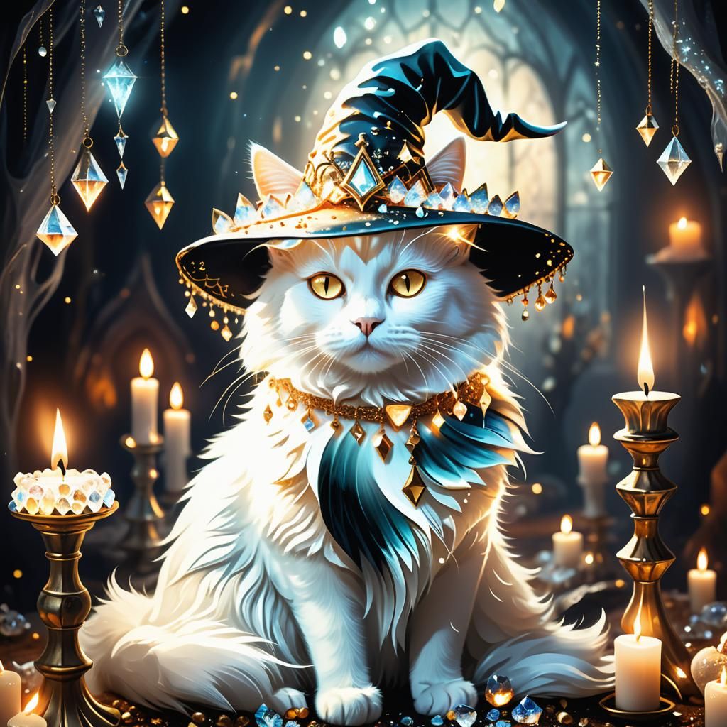 Mystical White Cat Witch in Crystal Cave