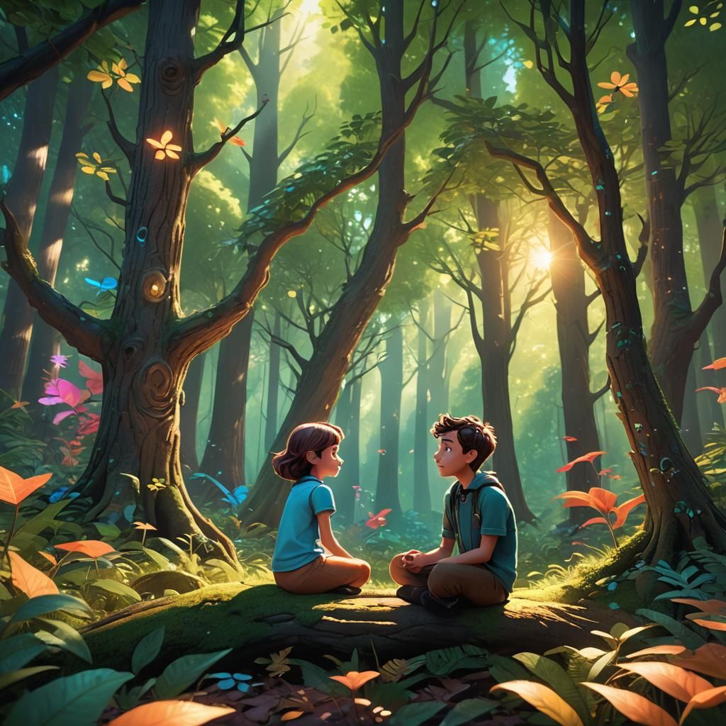 Fantastical Forest Scene in Pixar Animation Style