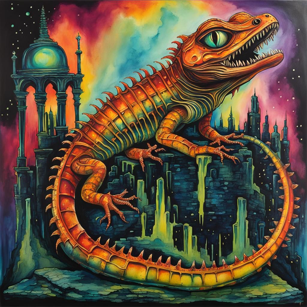 Xenomorphic Salamander at Haunted Ziggurat, Basquiat Style