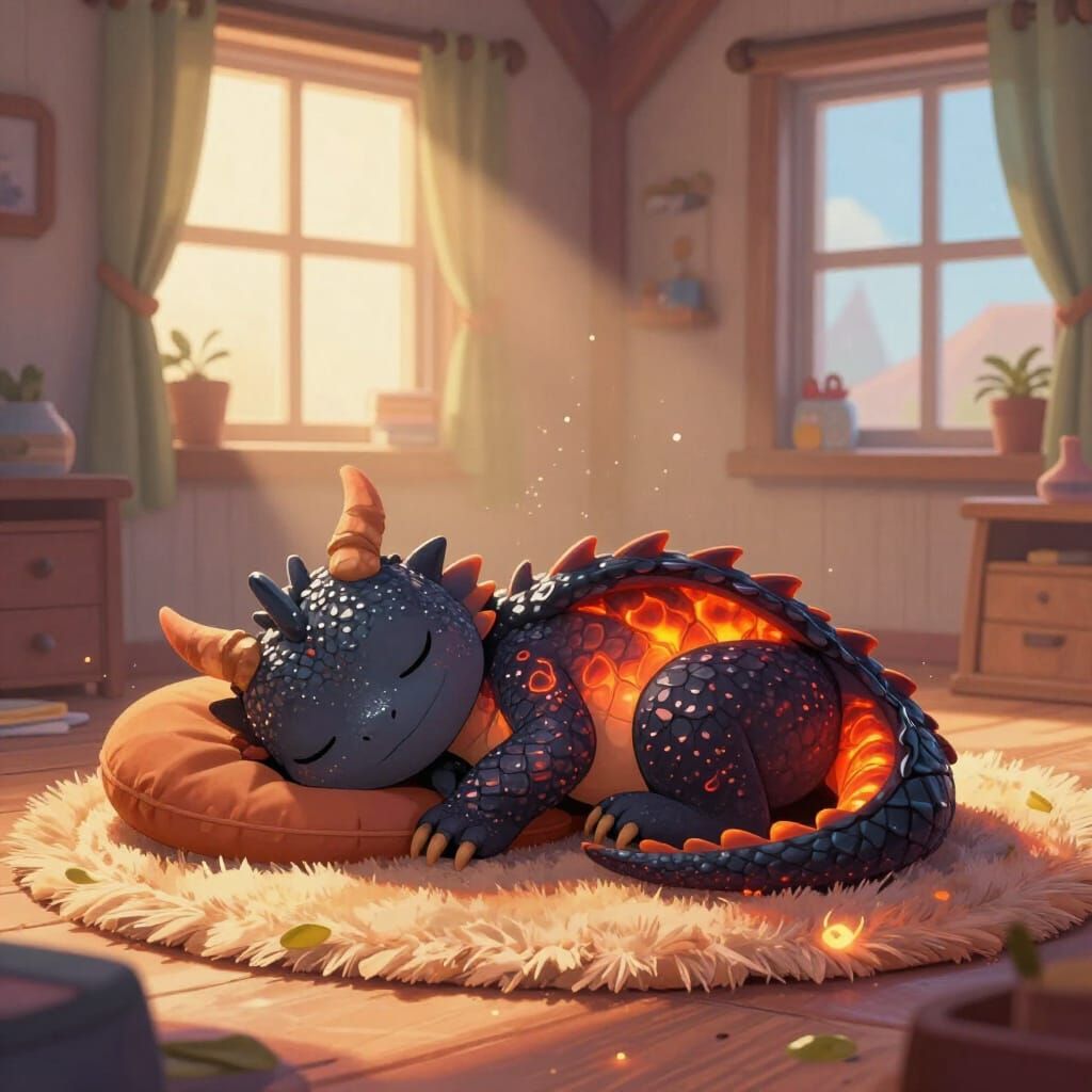 Adorable Baby Lava Dragon Sleeping in Cozy Loft