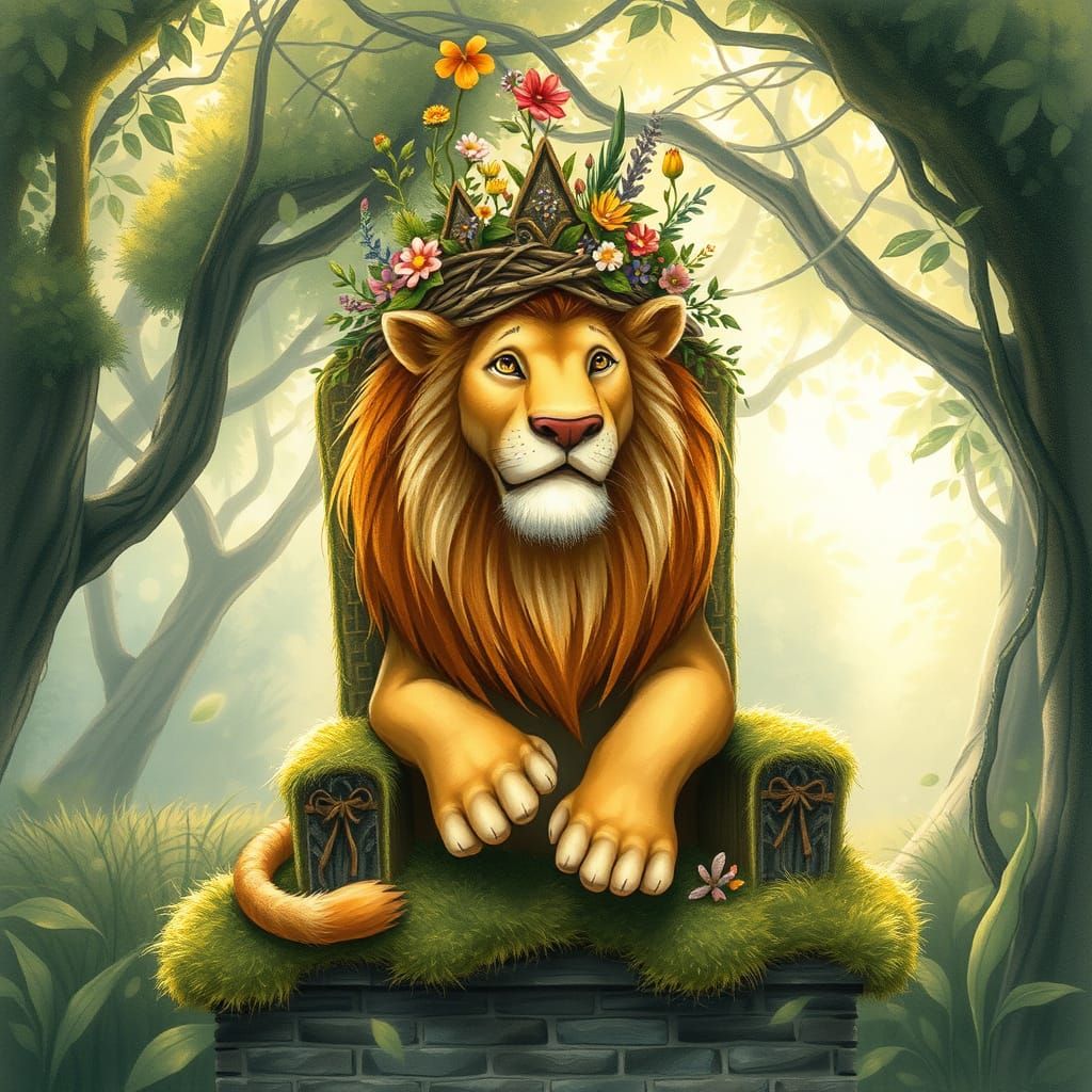 Regal Lion Surveys Whimsical Kingdom in Pastel Hues