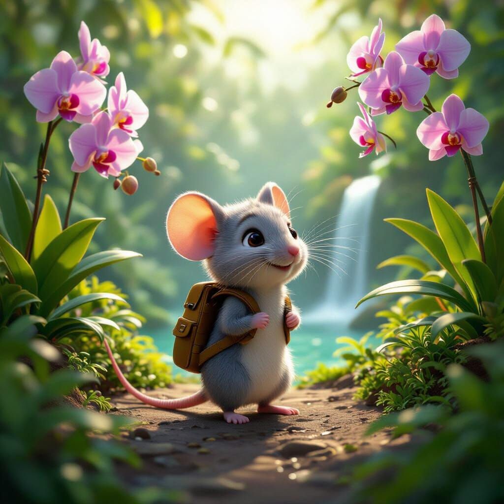 Mouse in Orchid Greenhouse: Pixar-Style 3D Render