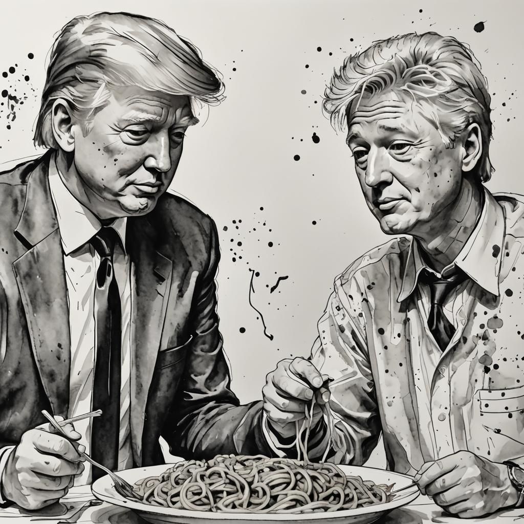 Young Politicians Share Spaghetti, Line Drawing Style