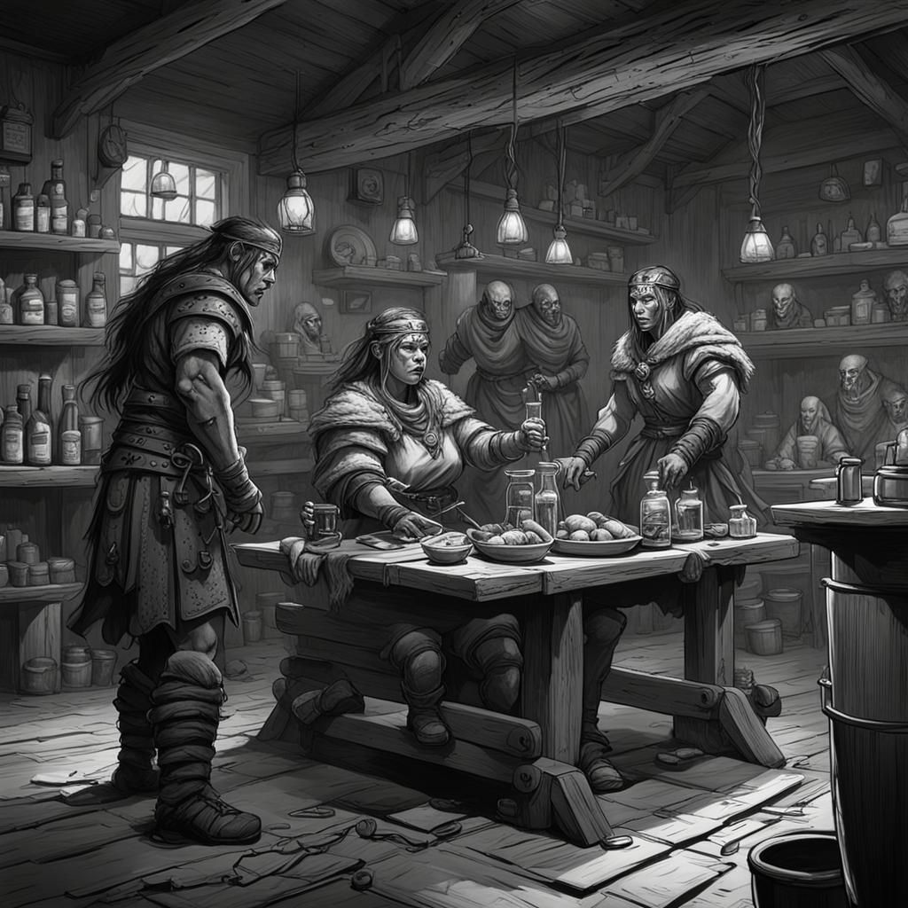 Wounded Barbarian: Black and White Ink Medical Scene