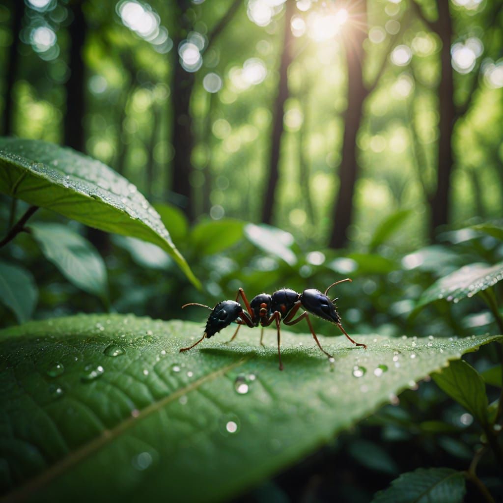 Intricate Black Ant on a Green Leaf