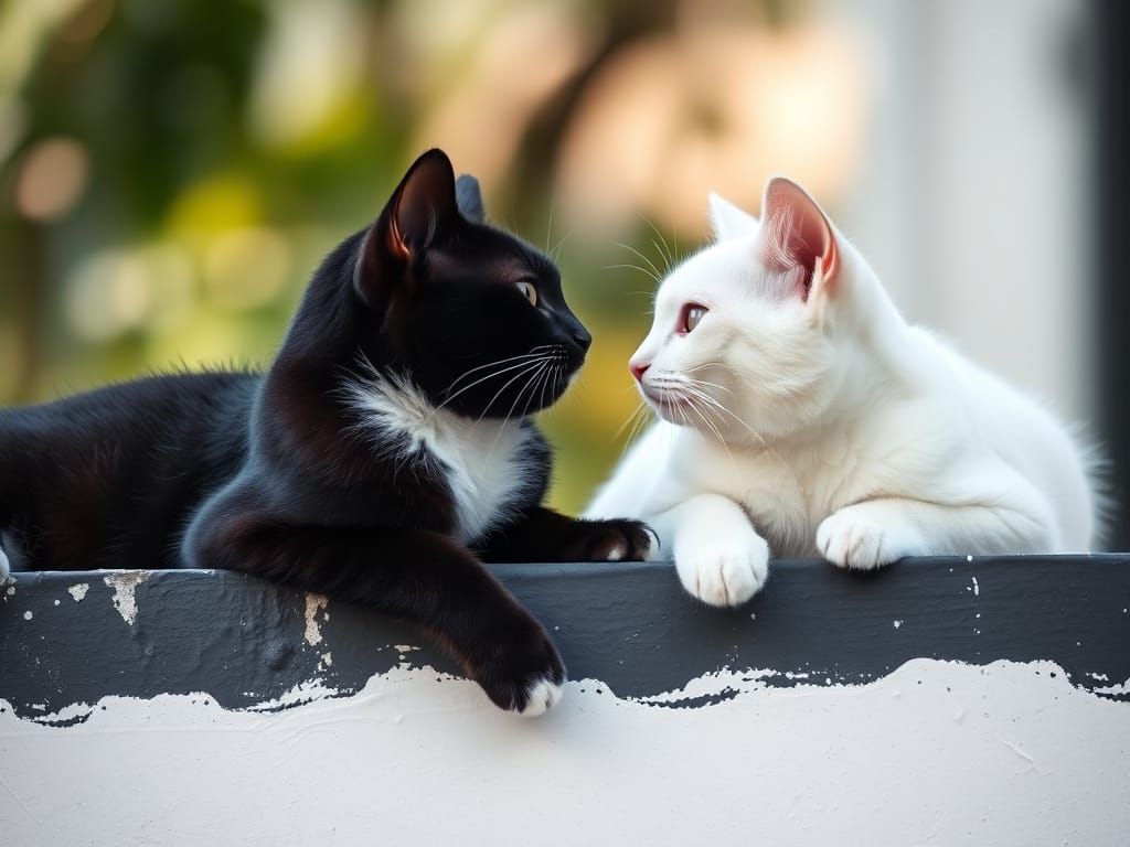 Black and White Cats on Wall, Hyper-Realistic Photography