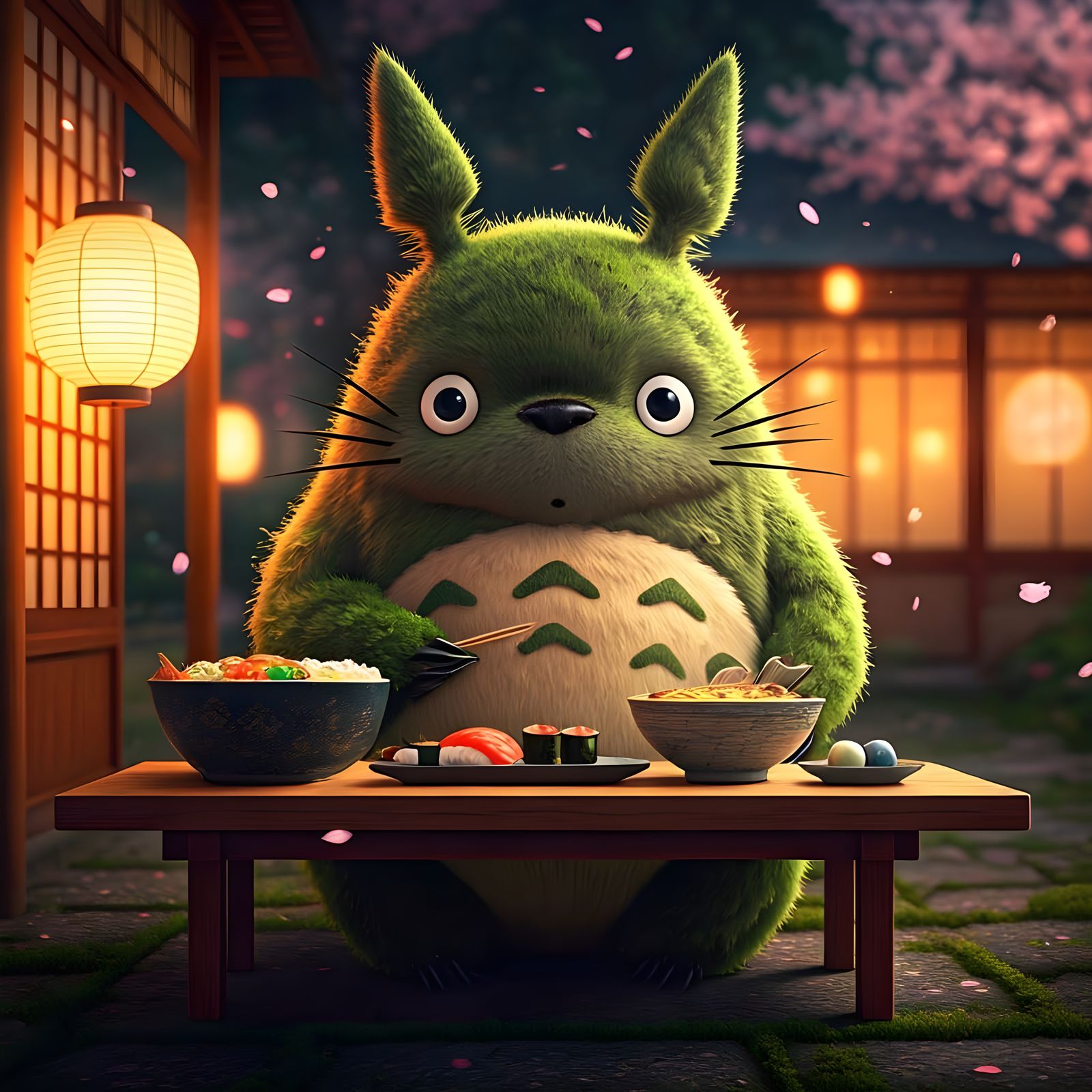 Whimsical Totoro-Inspired Forest Spirit Savoring Japanese De...