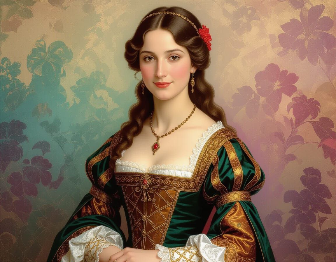 Mysterious Renaissance Woman in Vibrant Colors
