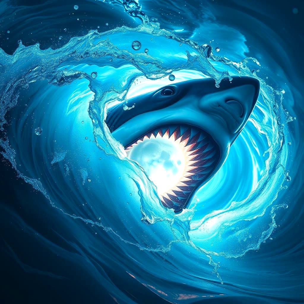 Clone Face Shark in Ocean Waves, Detailed Matte Painting