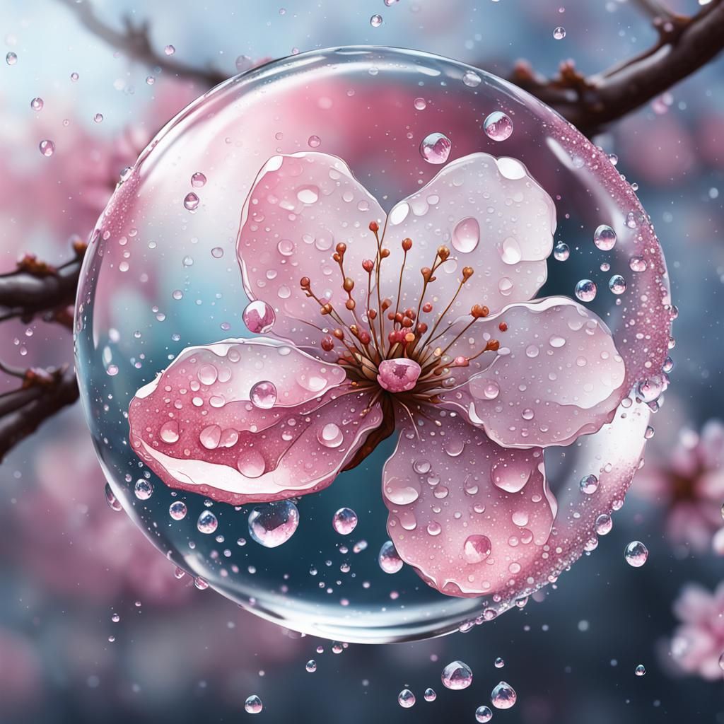 Glass Cherry Blossom with Water Droplets