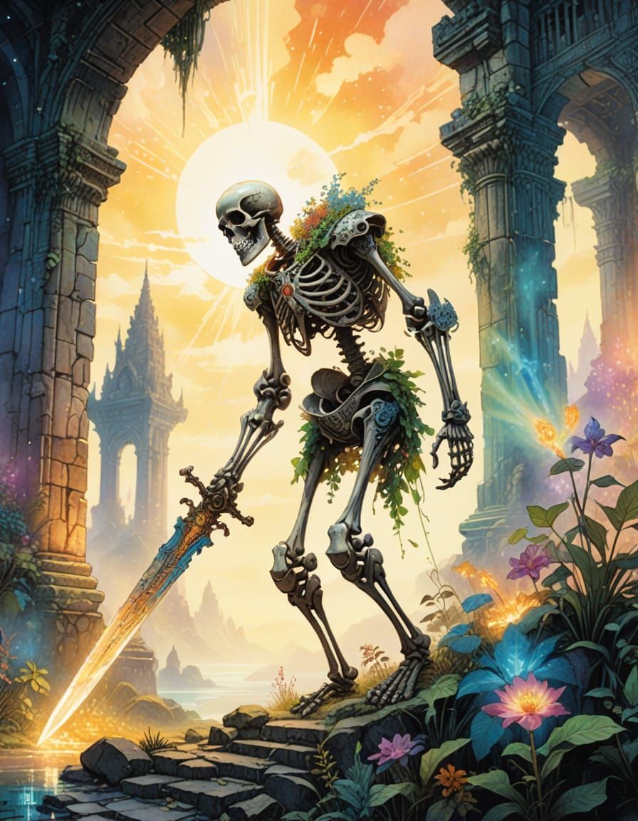 Skeleton Guardian in Ruined Temple, Watercolor Painting