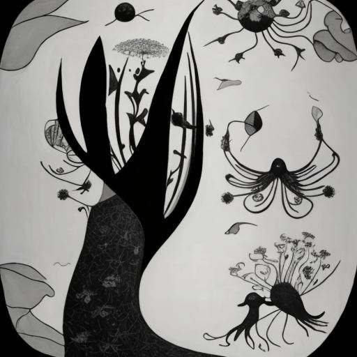 Floral Birds in Surreal Grayscale Dreamscape