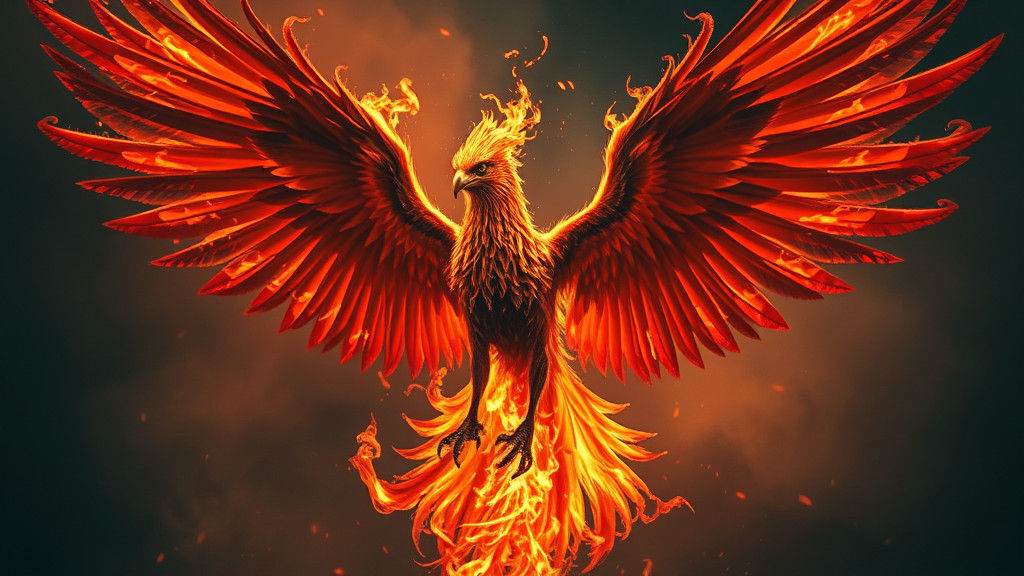 Fiery Phoenix with Wings Outstretched: Hyperrealistic Depict...