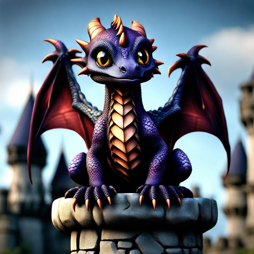 Detailed Baby Dragon on Gothic Castle