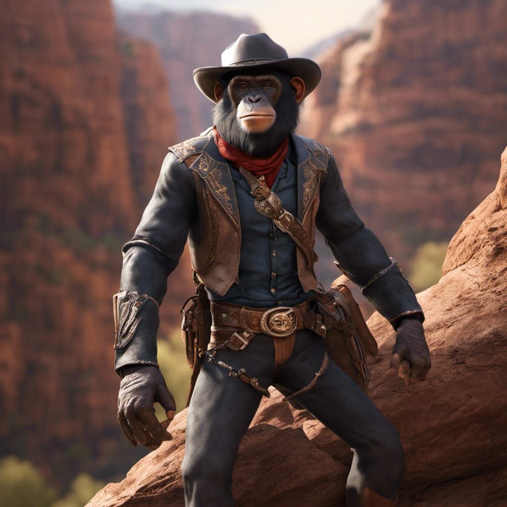 Chimpanzee Cowboy in Canyon, Digital Art
