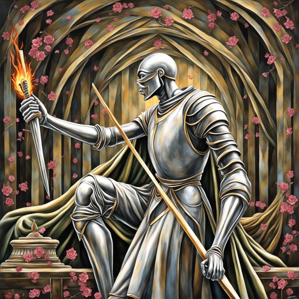Majestic Knight with Burning Sword in Gouache Style