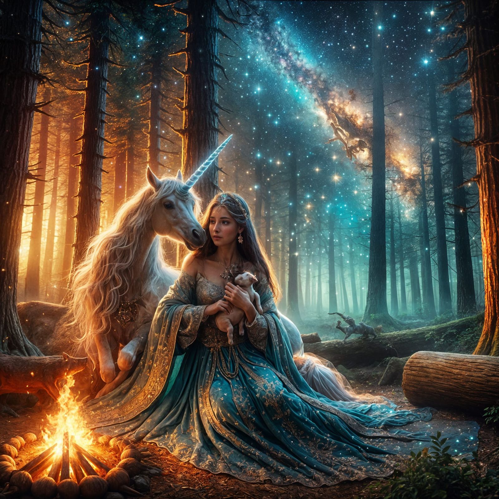 Magical Princess Embracing Her Unicorn in Enchanted Forest