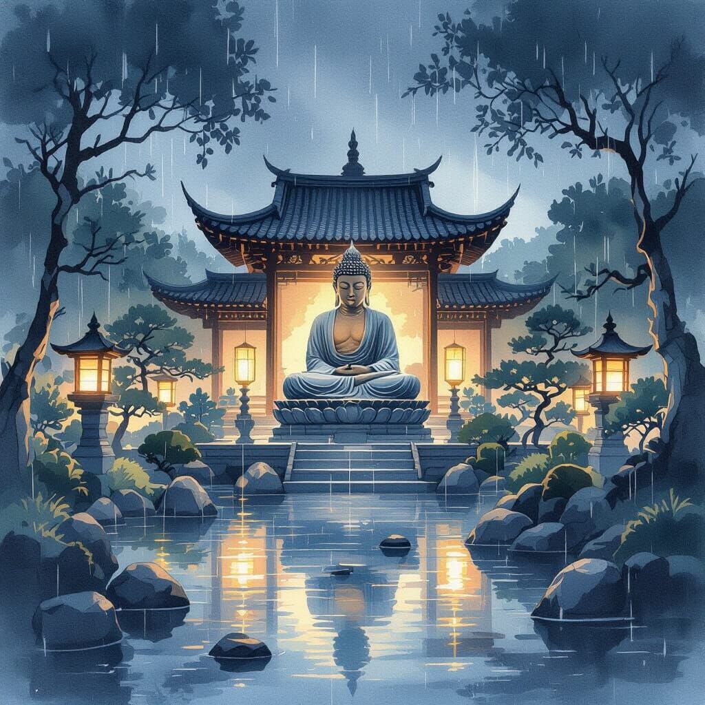 Tranquil Buddhist Garden Scene with Buddha Statue at Dusk