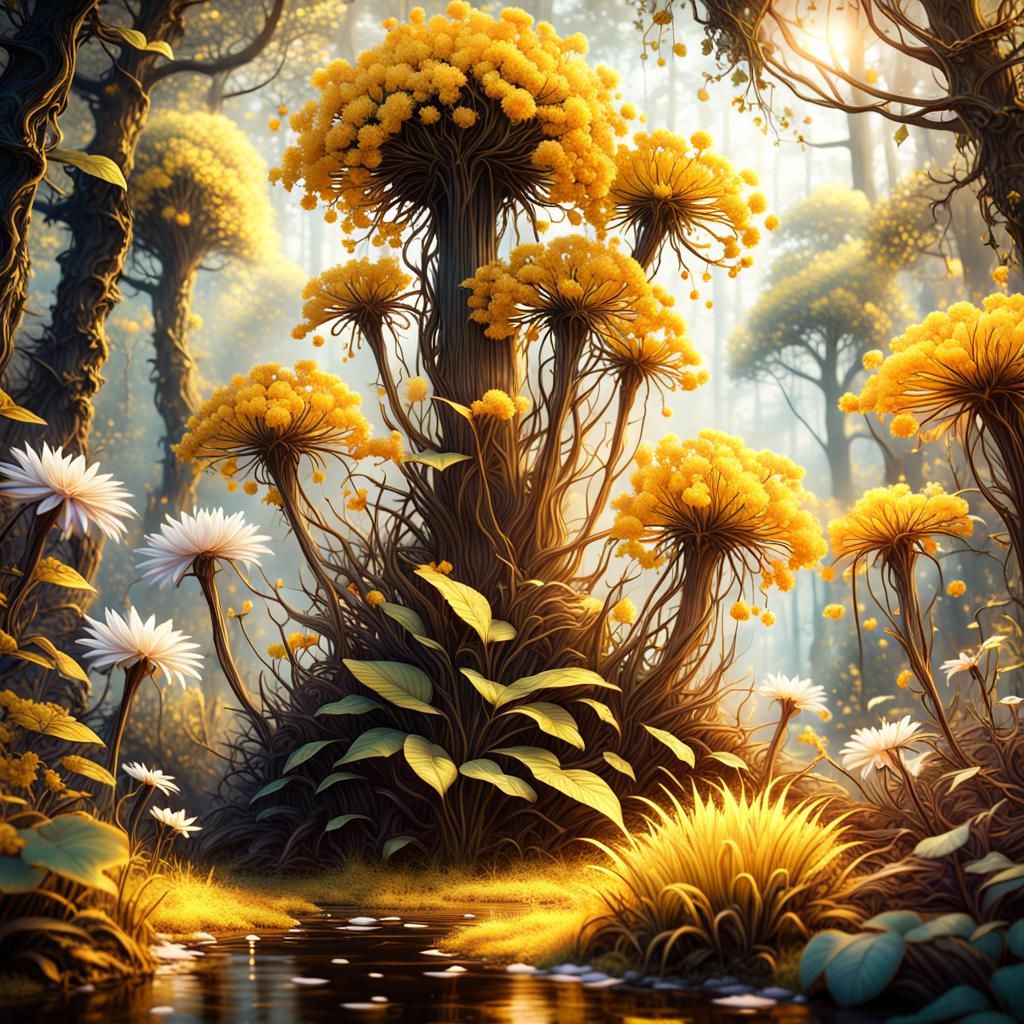 Magical Plants with Glowing Flowers in Fantasy Forest