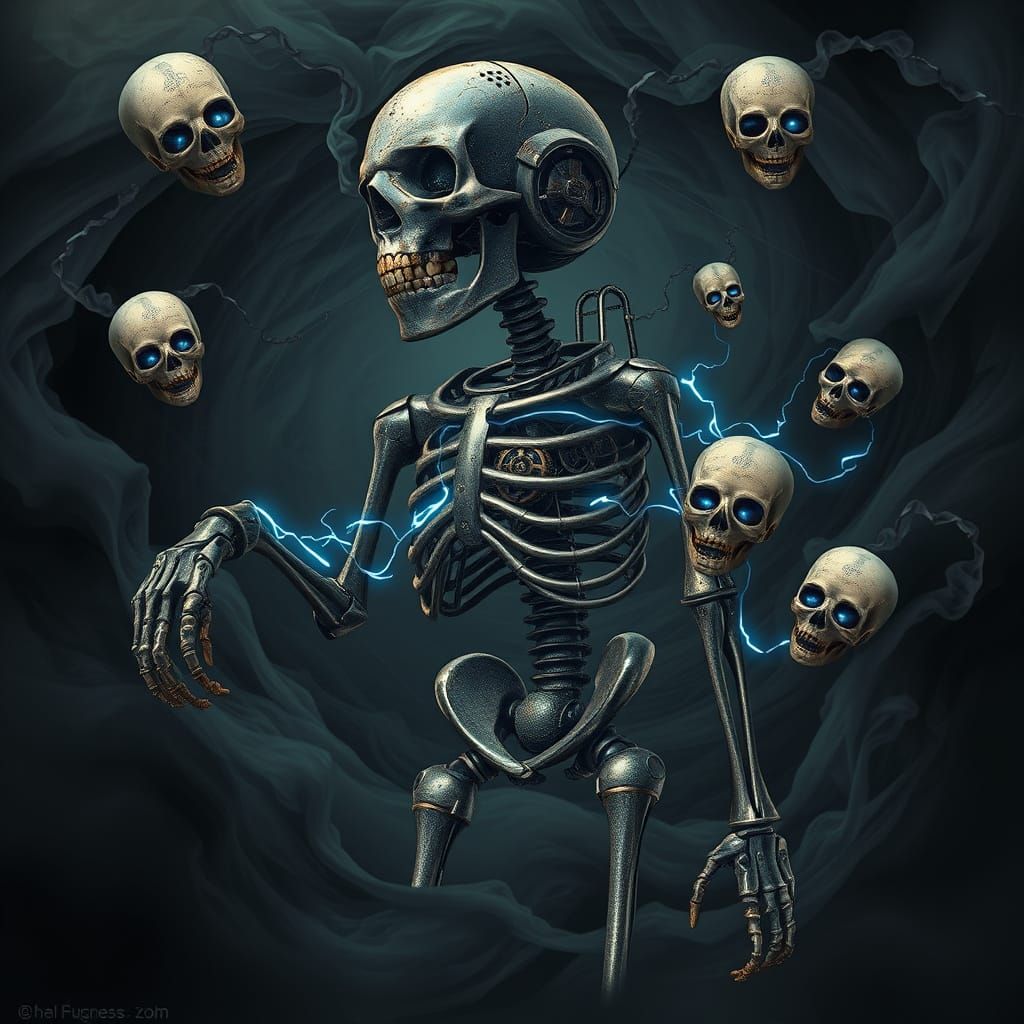 Whimsical AI Skeleton in Swirling Vortex