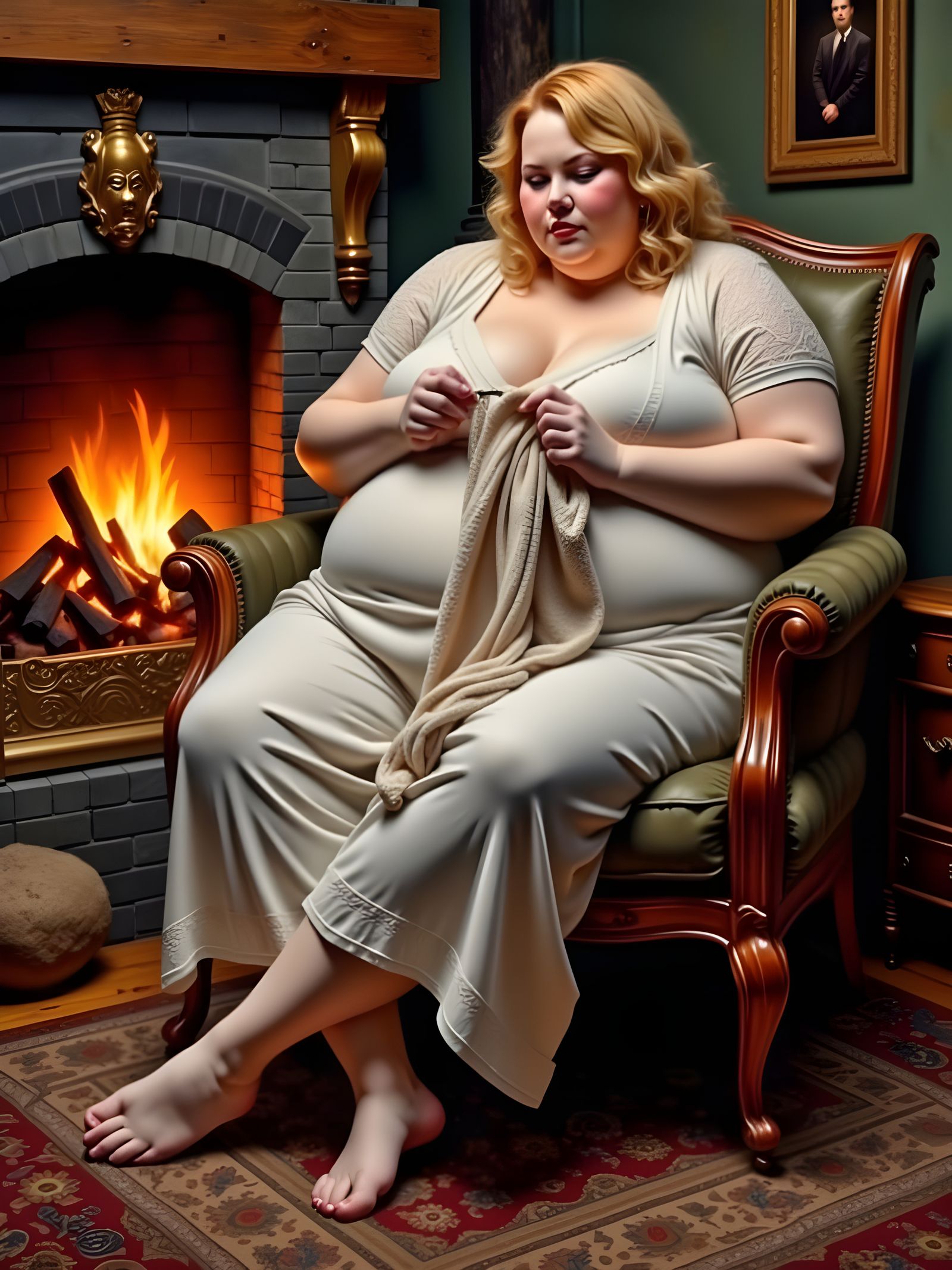 A Curvy Woman Knits by the Fireplace