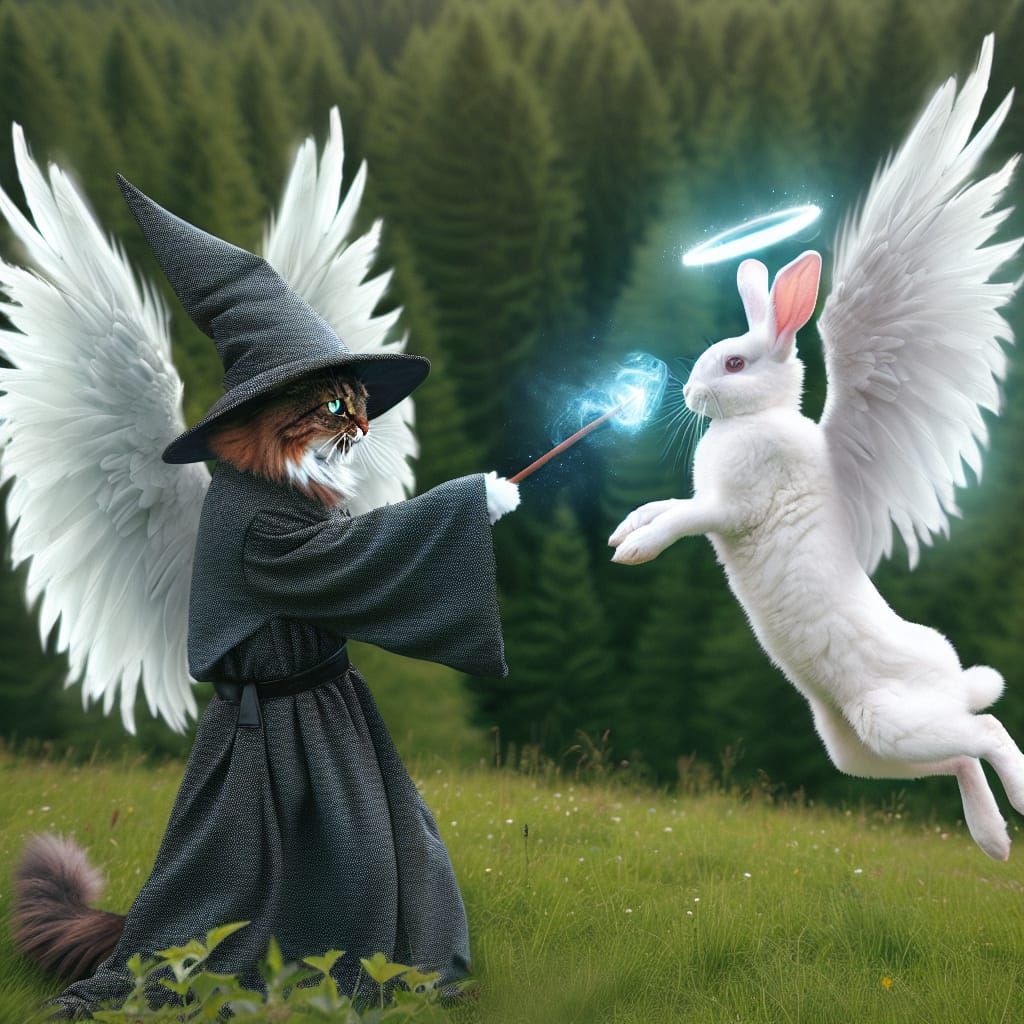 Wizard Cat Versus Angelic Bunny in Meadow