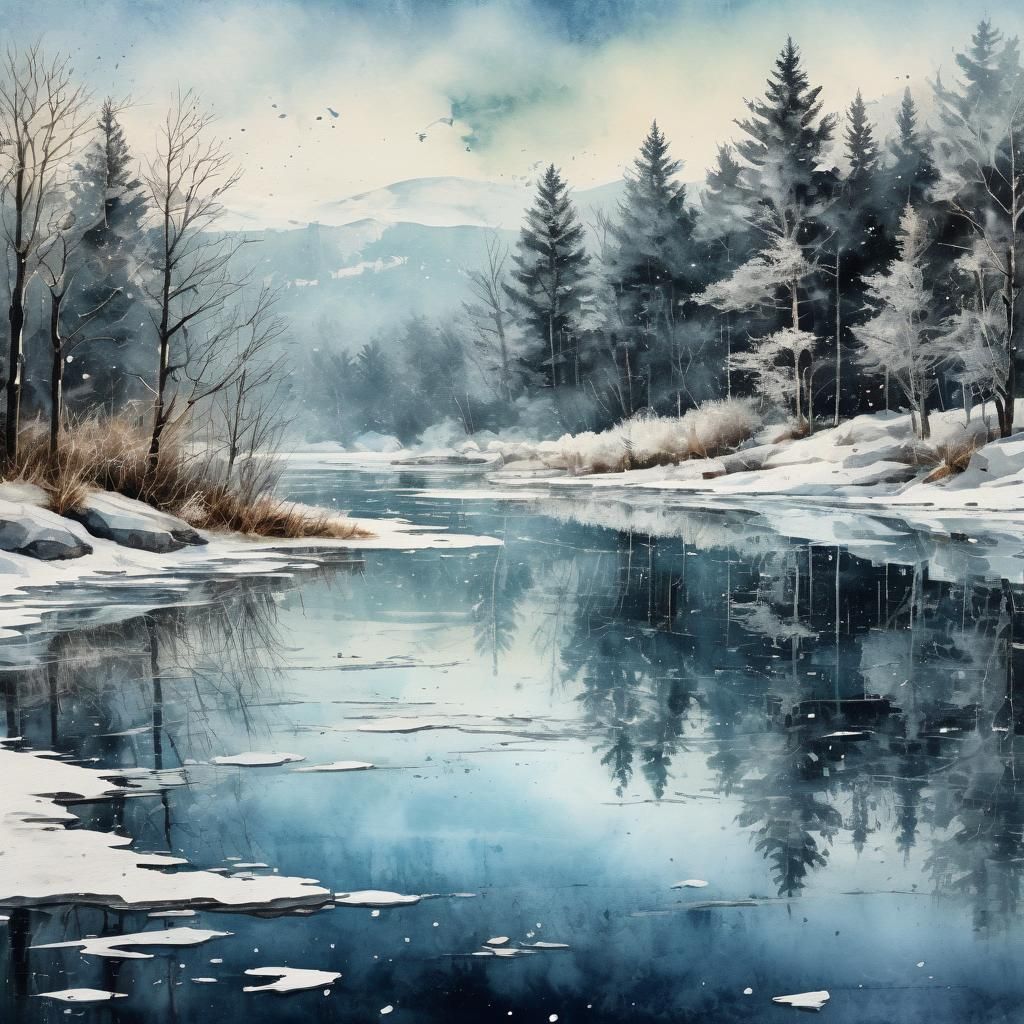 Frozen Lake Reflections on Distressed Canvas