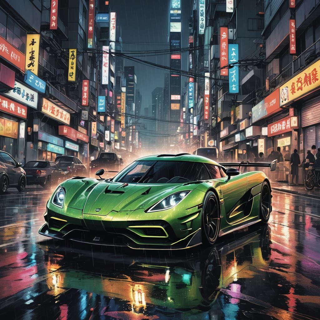 Koenigsegg Jesko Races Through Neon Tokyo: Comic Book Style