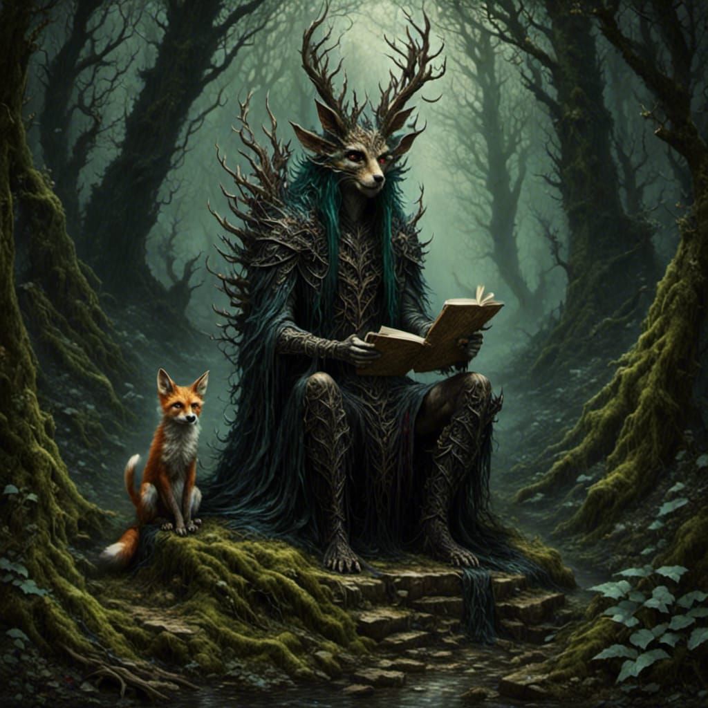 Elf and Fox in Forest, Metal Art Style