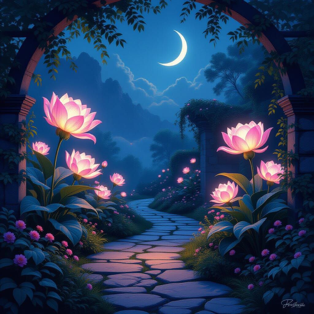Twilight Garden with Bioluminescent Flowers and Stone Path