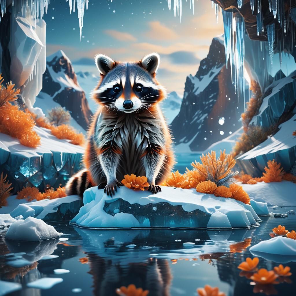 A Raccoon Surrounded by Kaleidoscope Waters in an Isolated A...