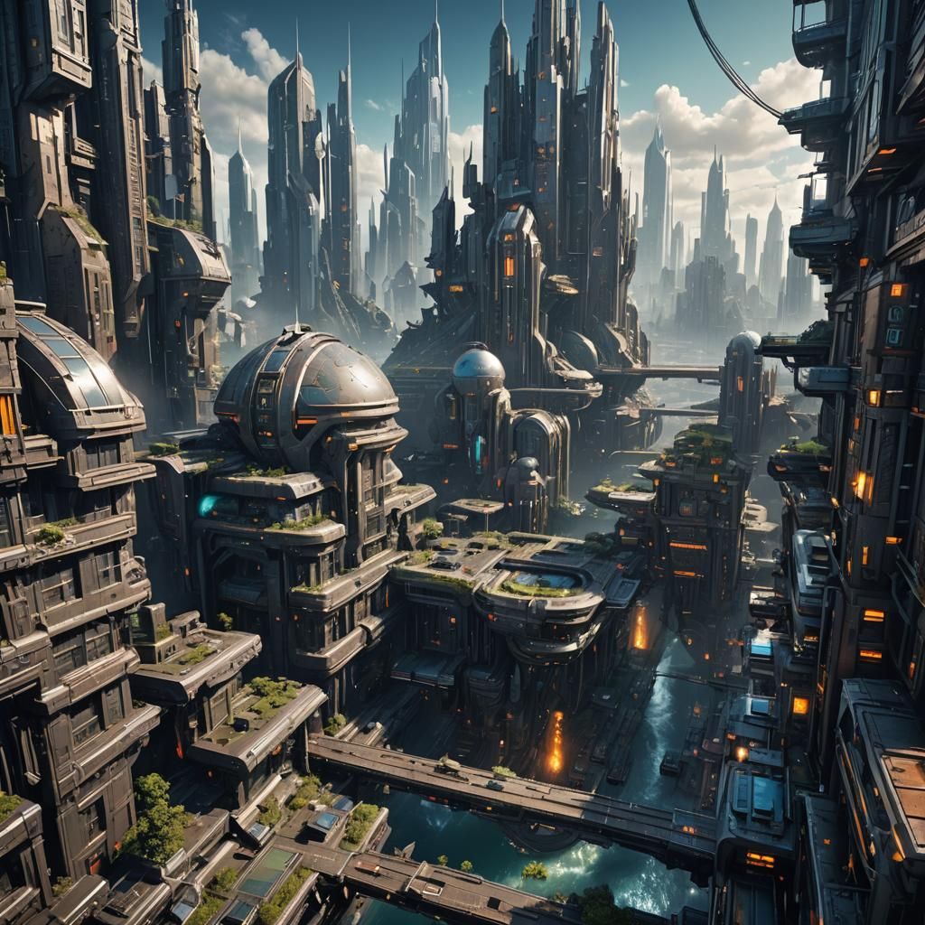 Futuristic Metallic City in Science Fiction Style