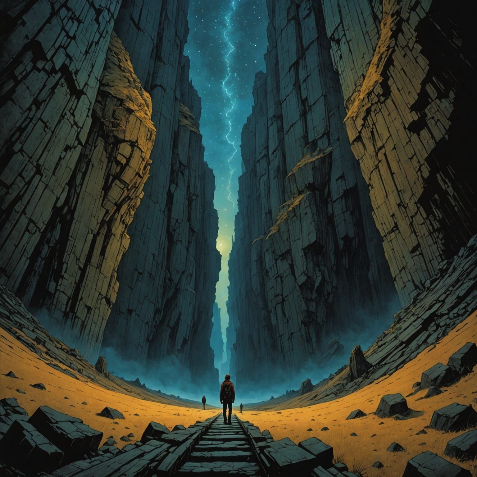 Traveler at Bottomless Gorge in Surreal Art Style