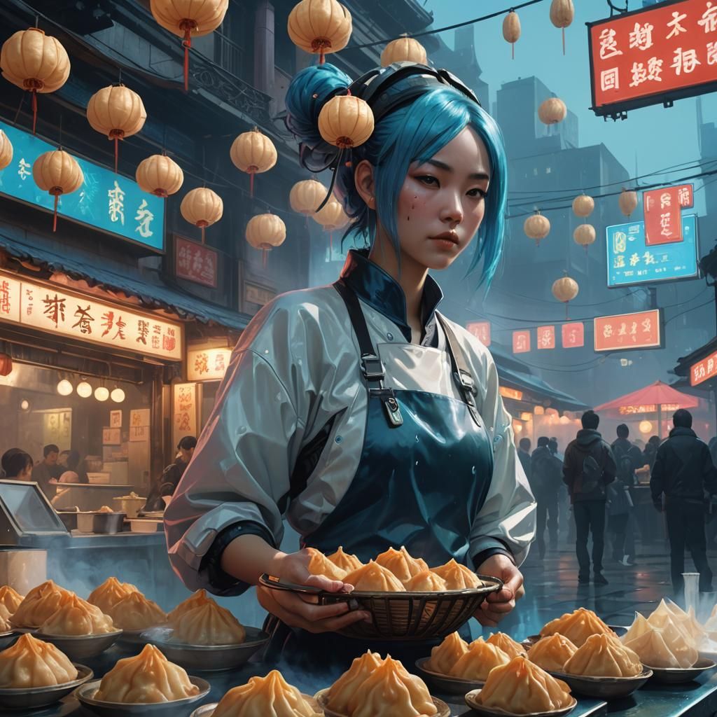 Cyberpunk Dumpling Vendor in Neon Cityscape
