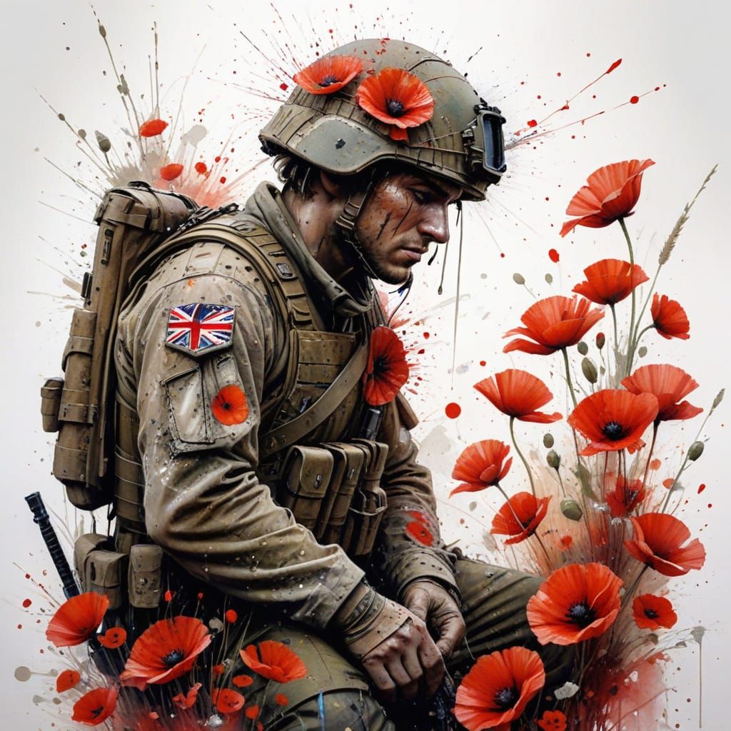 Soldier Kneeling Amidst Vibrant Poppies in Watercolour Style