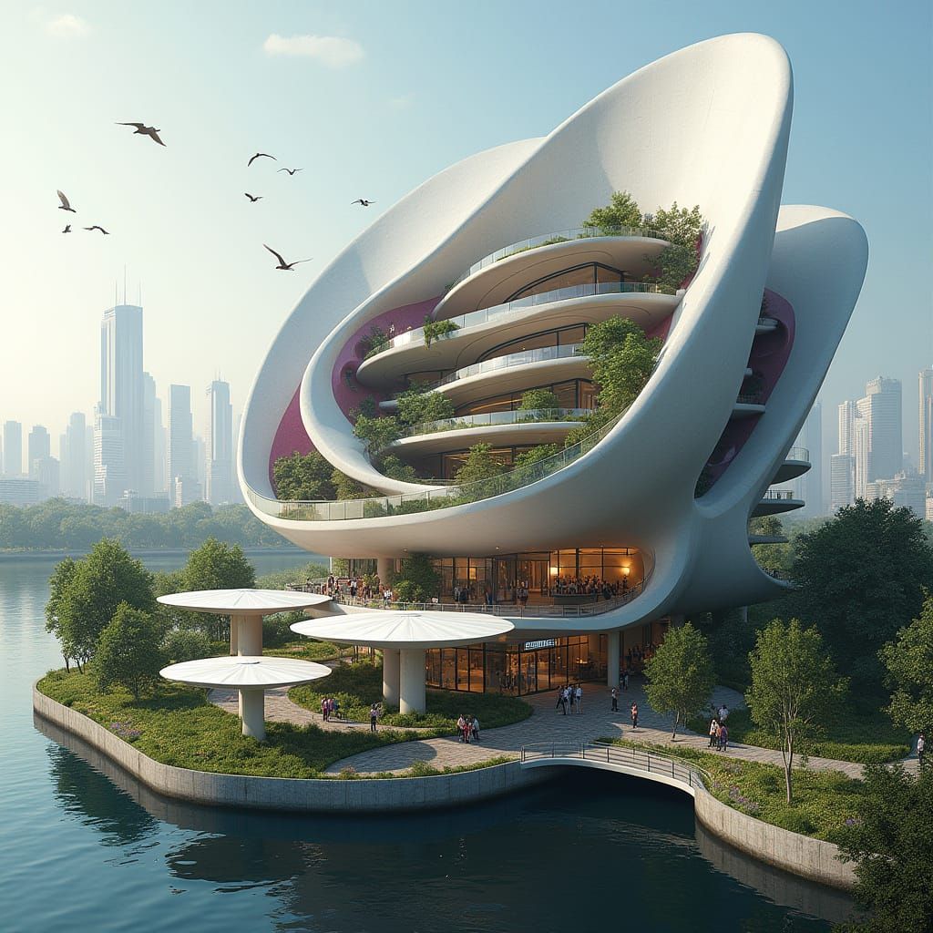 Futuristic Flower Building in Shimmering Silver and White