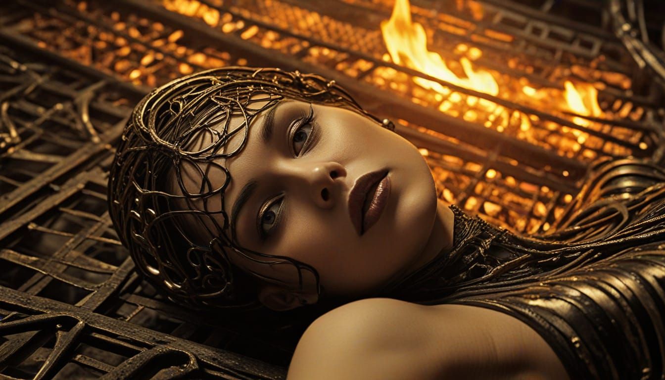 Surrealistic Woman Embraced by Fiery Grid