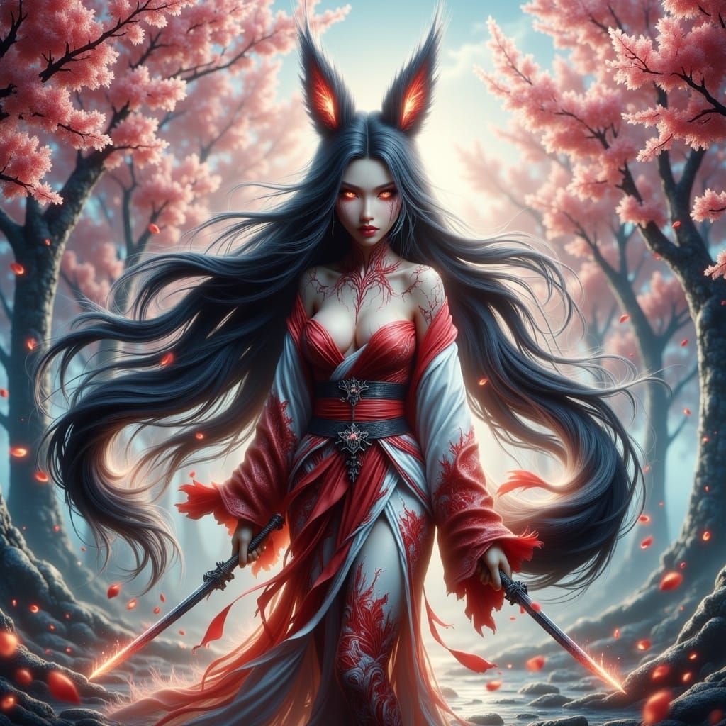 Ethereal Kitsune in Cherry Blossom Forest