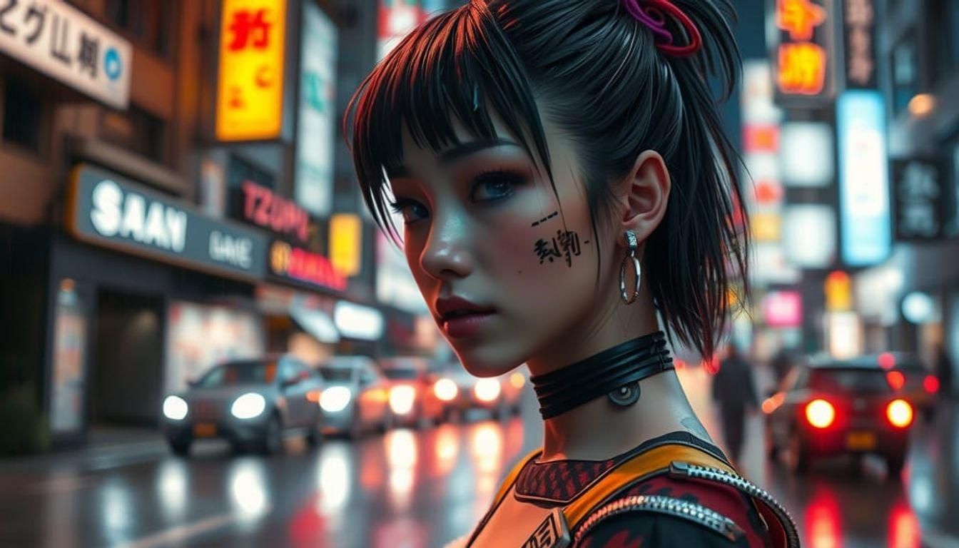 Cyberpunk Anime Woman in Rainy Neon City