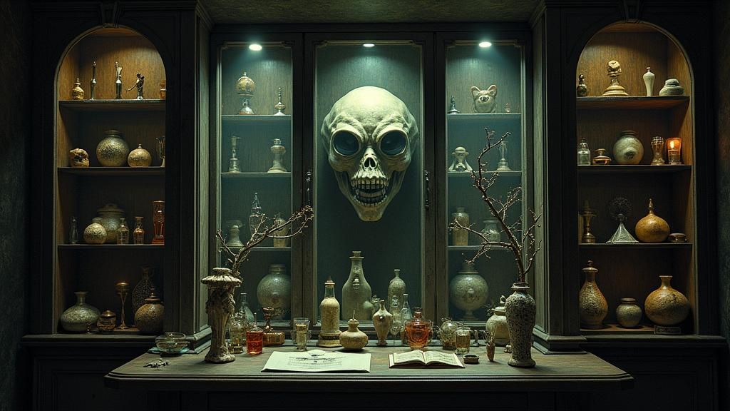 Mystical Alien Curiosity Cabinet in Gothic Sci-Fi Style