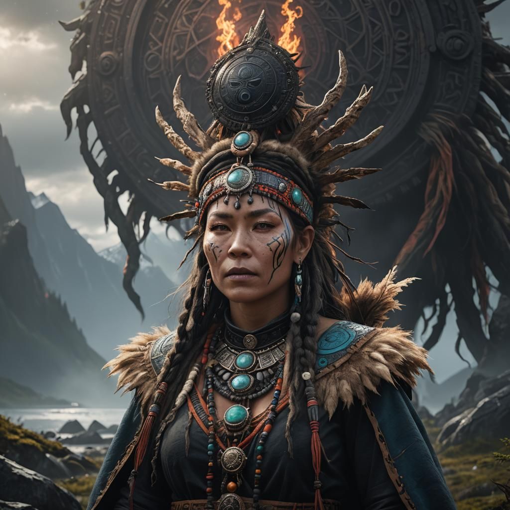 Alaskan Shaman Under Mystical Black Sun