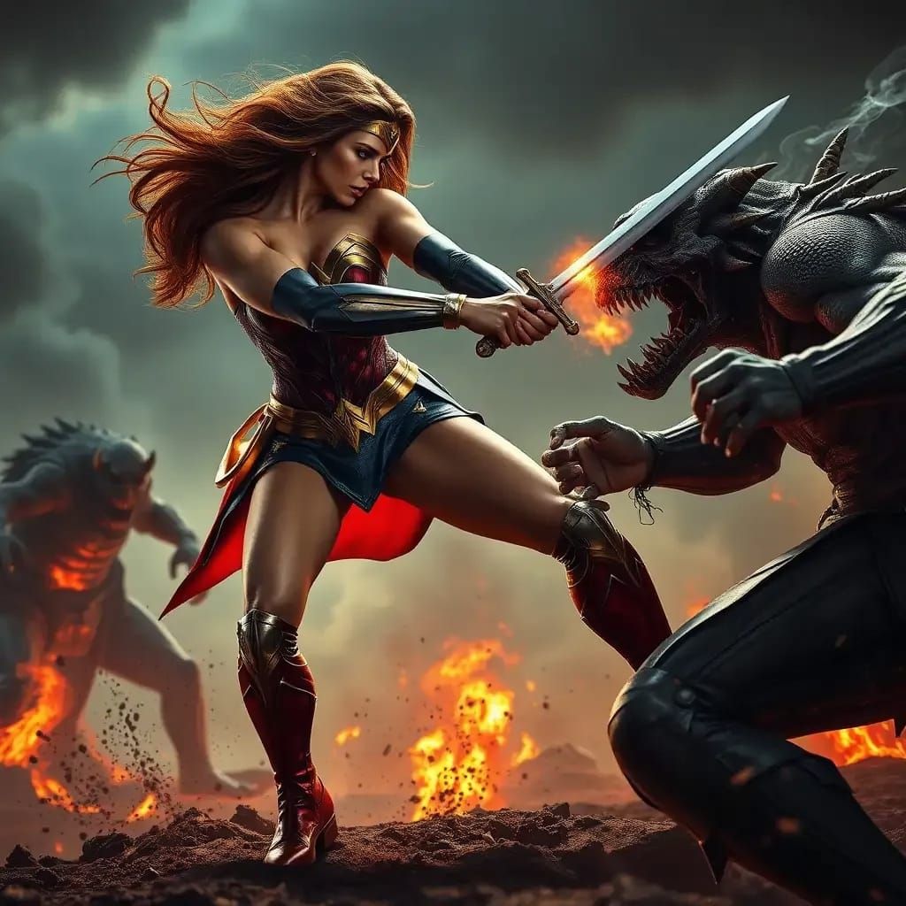 Wonder Woman in Action Against Zombie Beasts