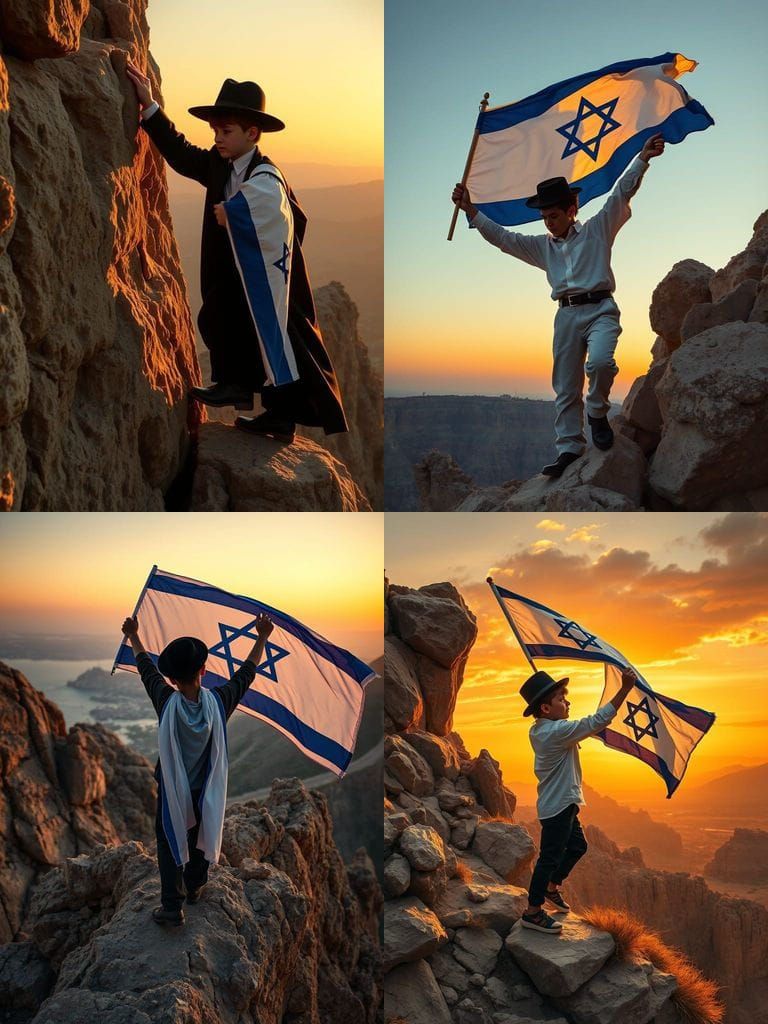 Ultra-Orthodox Yeshiva Boy Climbs Cliff at Dusk in Vibrant I...