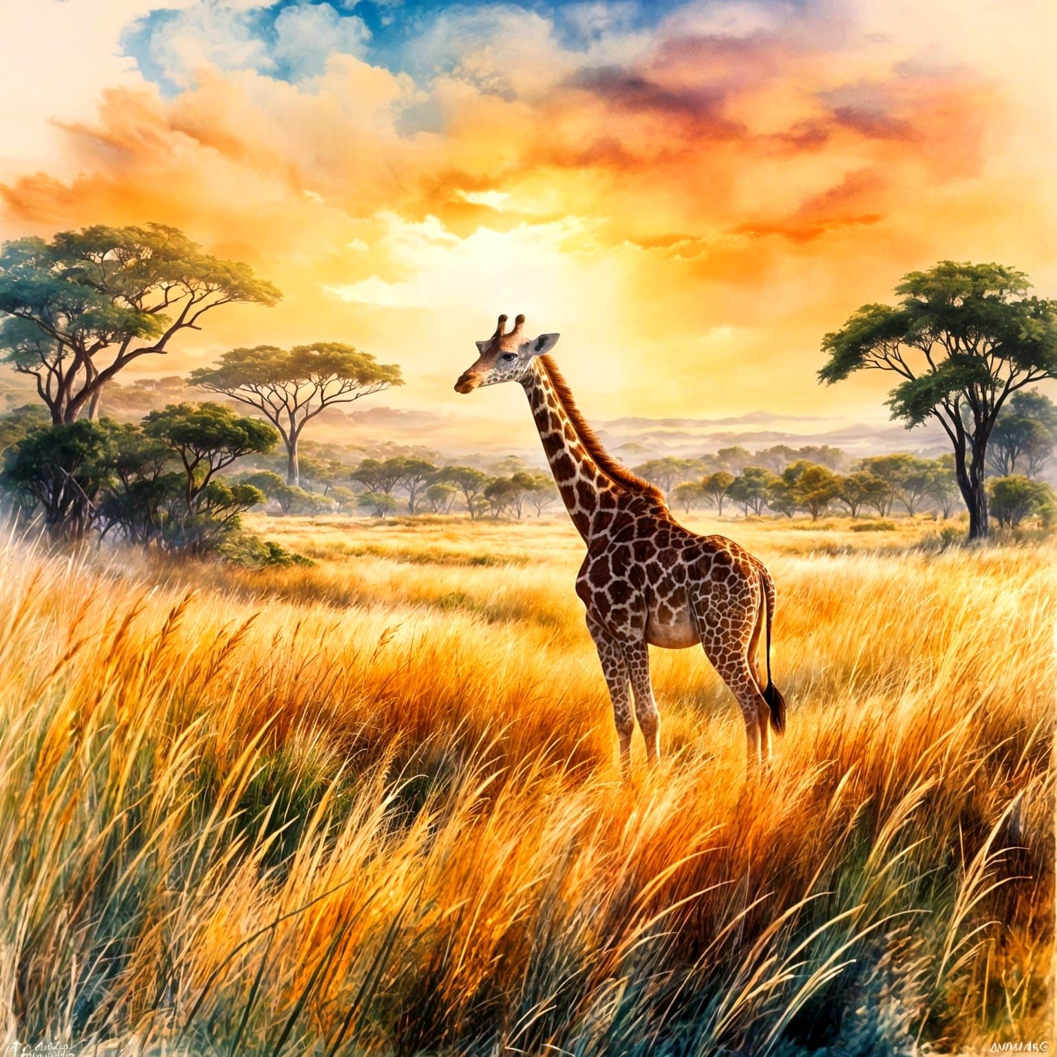 Watercolor Giraffe in Madagascar Prairie, Digital Art