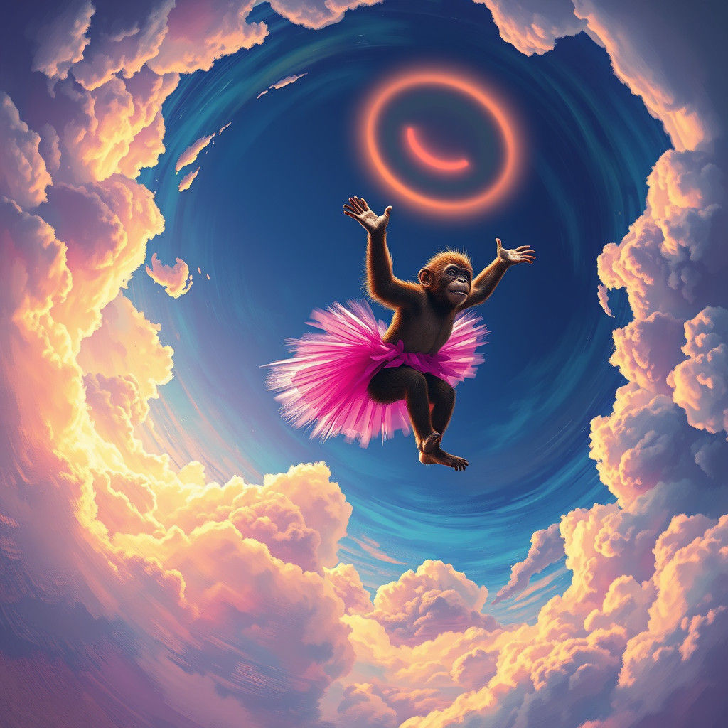 Monkey Skydiving in Pink Tutu: Fantasy Concept Art