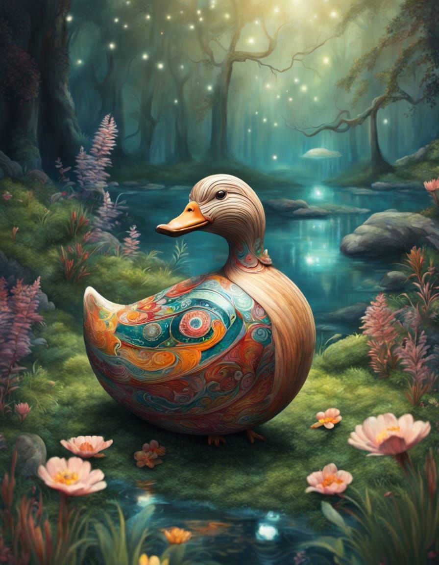 Whimsical Wooden Duck in Enchanted Forest Glade